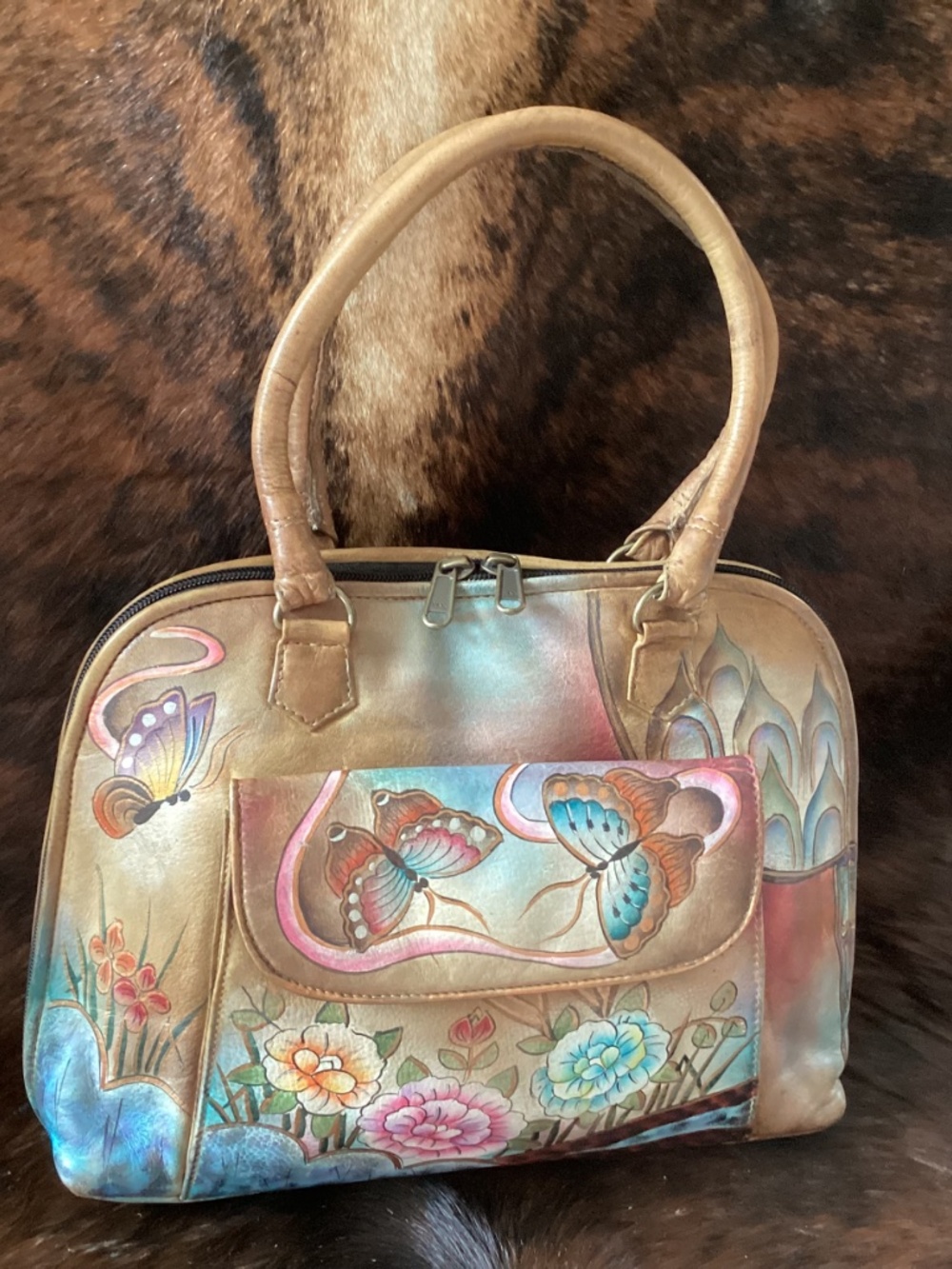 Beautiful Anuschka Butterfly Flower Design Leather Top Handle Carry Handbag🦋🦋 - Picture 2 of 13